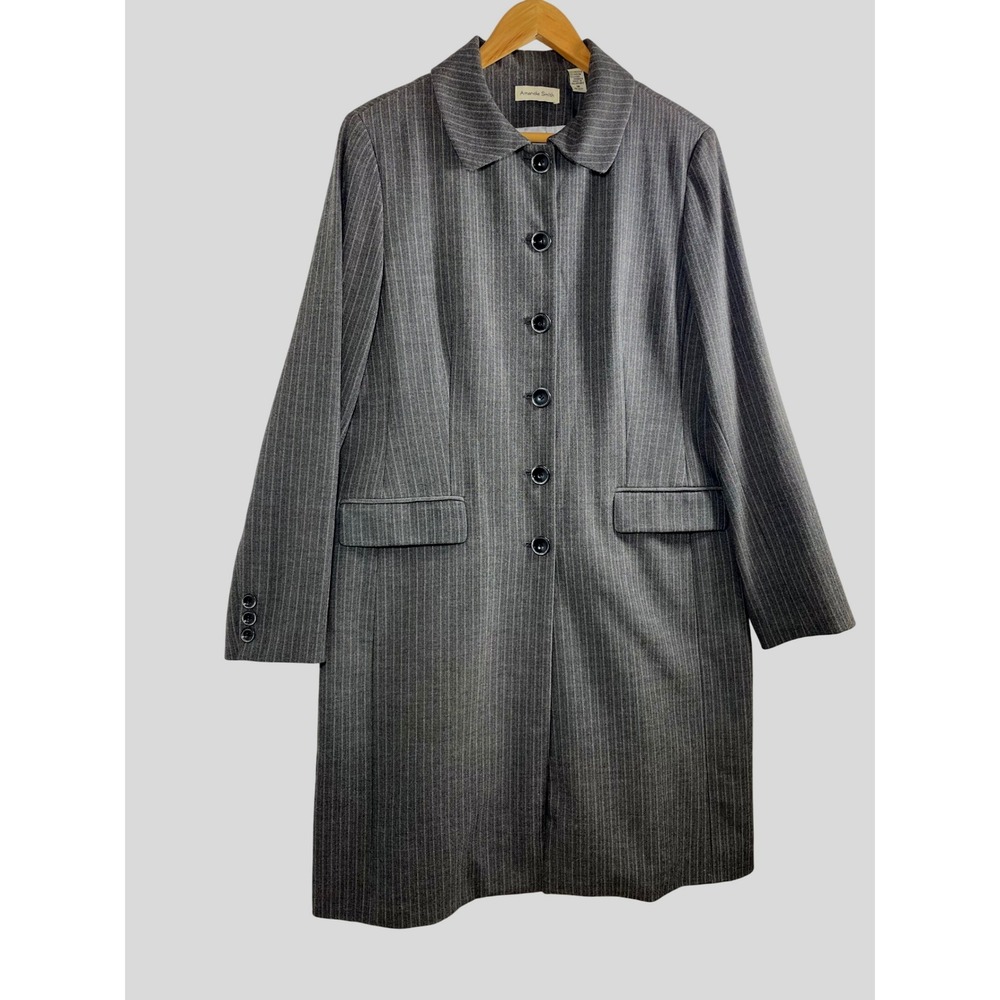 Amanda Smith Women Gray Pinstripe Blazer Coat Size 16 Polyester Rayon‎ Lycra